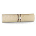 A drink bottle in a wooden tube with a natural finish, secured with a brown leather strap and a button fastener.