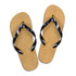 A pair of black thong-style flip flops with a cork sole, featuring a simple design.