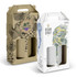Two wine carry packs, one in a beige design with grape illustrations and the other in white featuring a jellyfish illustration, both with handles.