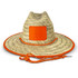 A straw hat with a wide brim, featuring orange trimming and a matching drawstring. It has a square area for branding.