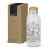 A drink bottle with a frosted glass finish, wooden lid, and mountain-themed design, accompanied by a cardboard box.