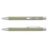 A green metal pen with silver accents, featuring a clip and a smooth design. It has a branding logo.