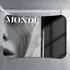 A curved stretch media wall featuring a black and white design with a close-up image and a logo.