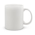 A coffee mug in a plain white design, featuring a smooth surface and a comfortable handle.