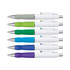 A collection of Turbo Pens with white barrels, featuring grips in grey, green, blue, and purple. Each pen has a metallic clip.