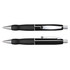 A black metal pen with a silver clip, featuring a comfortable grip and a sleek design.