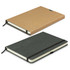 A recycled hard cover notebook in brown and green, featuring an elastic band and a logo on the cover.