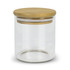 A round glass storage canister with a natural bamboo lid, perfect for tea and coffee accessories.