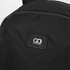 A black computer backpack featuring a textured fabric and a logo patch on the front.