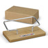 A bamboo business card stand with a silver metal holder, accompanied by a brown craft box.