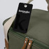 A green cooler bag with a zip closure and a tag featuring a logo. It has tan accents and a shoulder strap.