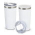 A double wall cup in white with a stainless steel band and a clear lid, featuring a drink opening.