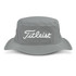 A grey bucket hat featuring a logo on the front and a wide brim for sun protection.