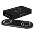 A black dual wireless charger with a sleek design and two charging pads, alongside a matching box with branding.