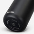 A drink bottle in matte black with a silver logo, featuring a curved shape and a base design.