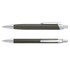 A pair of metal pens in a dark green finish with silver accents, featuring a sleek design and clip.