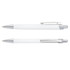 A metal pen set featuring a sleek white design with silver accents. The set includes two pens, each with a clip.