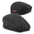 A tweed flat cap in grey herringbone pattern with a branding logo on the side.