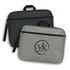 A pair of satchels in dark green and grey, featuring zippers and handles, with a logo on the lighter one.