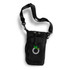 A drink bottle bag in black with a strap, featuring a front pocket and a logo design.