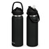 A drink bottle in matte black featuring a flip straw lid and a handle, with a logo present.