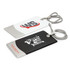 A set of two luggage tags, one white with a logo and one black with a logo, featuring a cord for attachment.