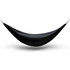 A black outdoor hammock with a smooth surface, featuring metallic attachment points on each end.