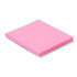 A pink sticky pad, 70 x 75mm, containing 50 sheets, with a simple design and a smooth surface.