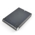A wireless charger in a sleek black design, featuring a rounded edge and a compact, portable form.
