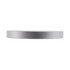 A sleek silver wireless charger with a minimalist design and a round shape. It features a logo on the surface.