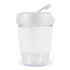 A drink bottle featuring a clear lower section and a white silicone band, topped with a matching white lid.