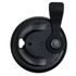 A black snap lid for a reusable coffee cup, featuring a button and a small opening for drinking.
