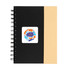 A spiral-bound notebook featuring a black cover with a tan spine and a logo on the front.