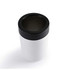 A drink cooler made of stainless steel featuring a sleek white body and a black silicone lid.
