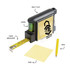 A black contractor tape measure with a yellow measuring tape, level, pen, and notepad. It has a logo on it.