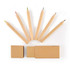 A set of six wooden coloured pencils in red, green, blue, yellow, and brown, alongside two rectangular boxes.