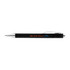 A black plastic pen with a silver clip and a logo printed on the side, featuring a retractable mechanism.