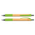 Two bamboo pens featuring green grips and clips, with silver tips for writing.