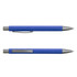 A blue pen with a textured grip and a silver clip, featuring a sleek design and a brushed metal finish.