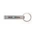 A drink bottle opener keytag in metallic silver with a circular keyring and a logo.