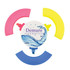 A set of four highlighters in pink, yellow, blue, and orange, with a round container featuring a logo.