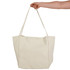 A hand holds a large, cream-coloured tote bag with two long handles and a simple design.