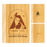 A bamboo notebook with an illustration of animals and a logo, featuring a natural wood finish.