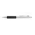 A metal pen featuring a silver body with a black grip adorned with silver dots and a clip for easy attachment.