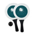 A bat and ball set featuring two white paddles with black handles and a black ball, including a logo.