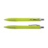 A green plastic pen with silver accents and grip. It features a clip and has a sleek design.