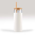 A Pisa Glass Tumbler featuring a clear glass body, a bamboo lid, and a straw, complemented by a white sleeve.
