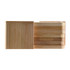 A set of six bamboo coasters in various shades of natural wood, neatly stacked with a visible logo on one coaster.