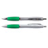 Two metal pens are displayed, featuring green grips and silver bodies. Each pen has a clip for convenience.