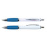 A set of white barrel pens with blue accents and chrome detailing, featuring a brand logo.